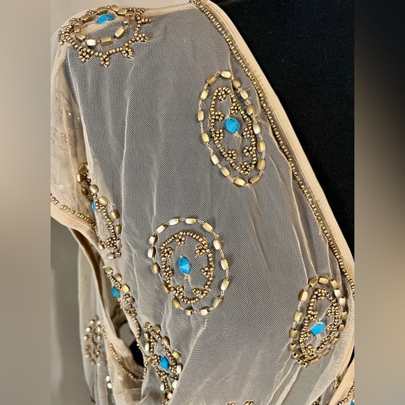 Chico's Beige and Turquoise Embellished Sheer Cardigan Jacket Turquoise stones - Picture 3 of 4